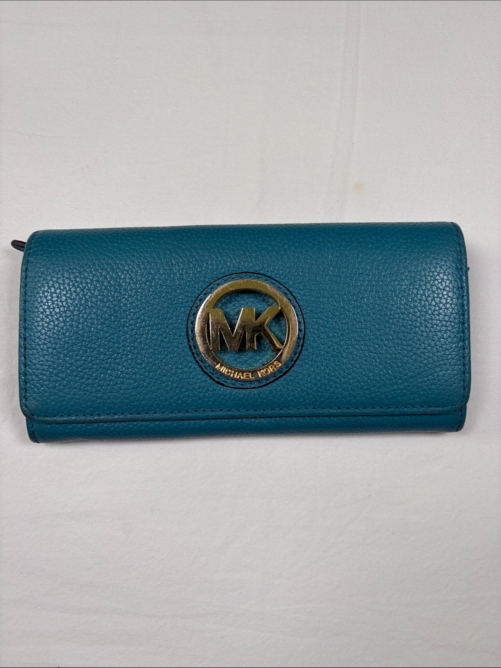 Michael Kors Teal Pebbled Leather Continental Wallet with Gold MK Emblem